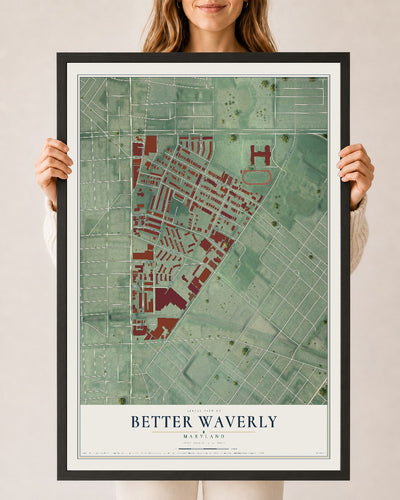 Map of Better Waverly, Maryland, 24 x 36 inch print in a black wood frame