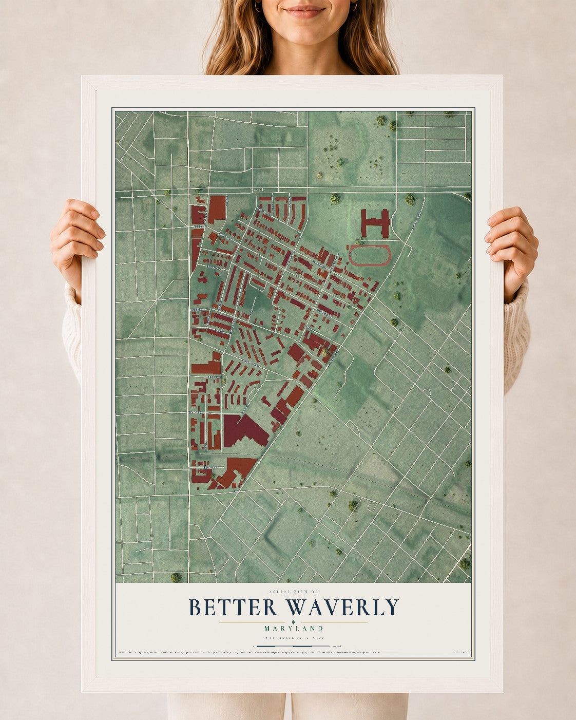 Map of Better Waverly, Maryland, 24 x 36 inch print in a white wood frame