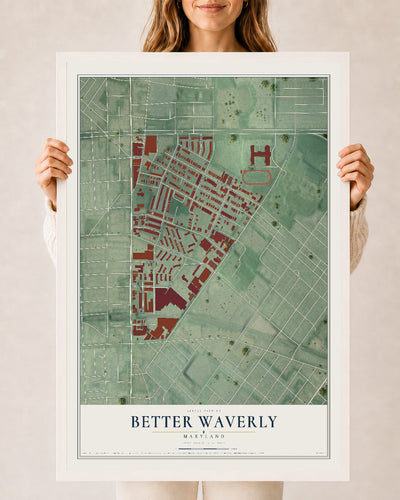 Map of Better Waverly, Maryland, 24 x 36 inch print in a white wood frame