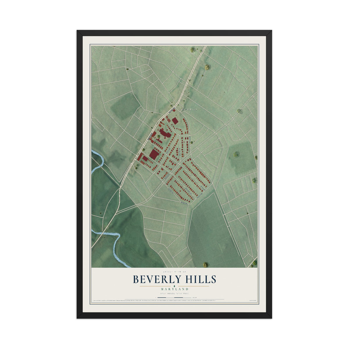 Map of Beverly Hills, Maryland, 12 x 18 inch print in a black wood frame