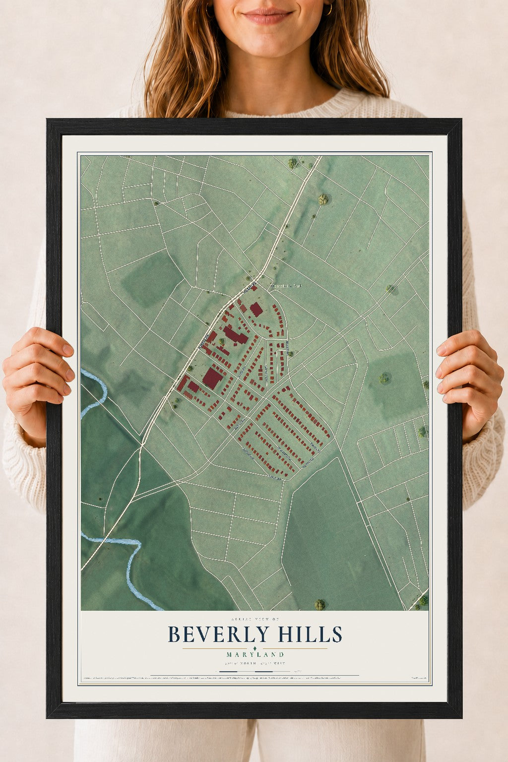 Map of Beverly Hills, Maryland, 18 x 24 inch print in a black wood frame
