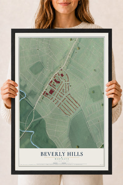 Map of Beverly Hills, Maryland, 18 x 24 inch print in a black wood frame