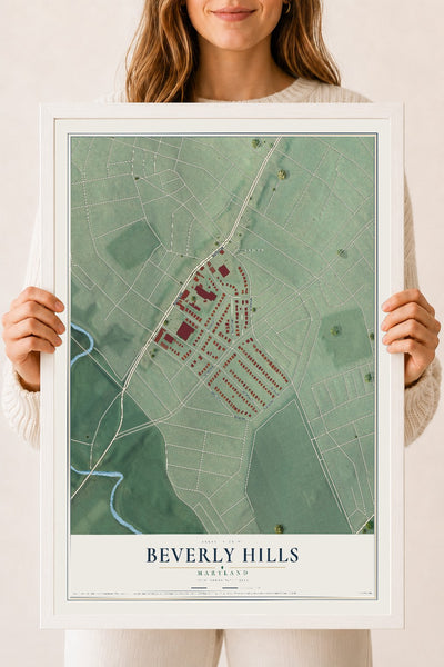 Map of Beverly Hills, Maryland, 18 x 24 inch print in a white wood frame