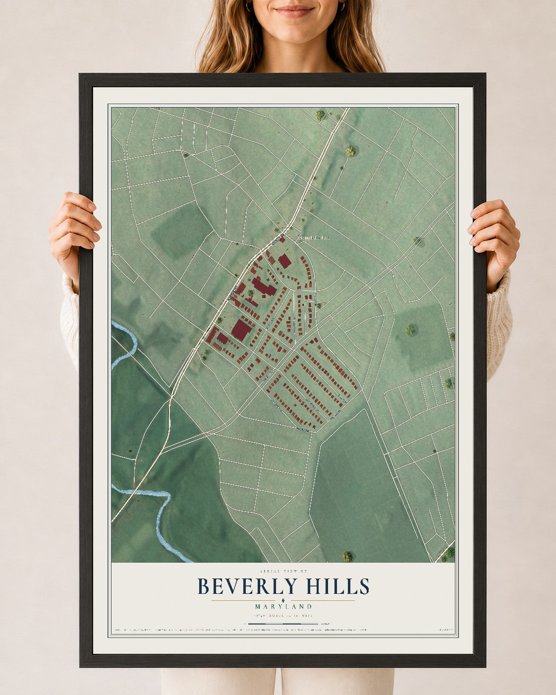 Map of Beverly Hills, Maryland, 24 x 36 inch print in a black wood frame