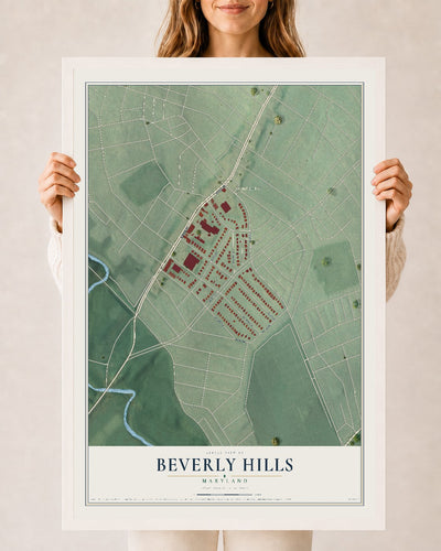 Map of Beverly Hills, Maryland, 24 x 36 inch print in a white wood frame