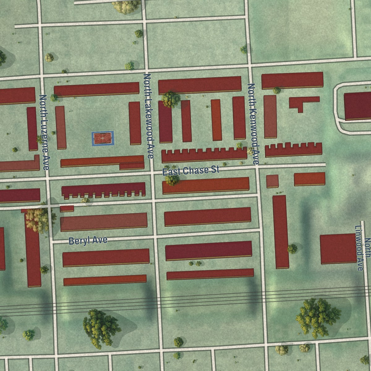 Close-up of the map of Biddle Street, Maryland print showing street and building detail