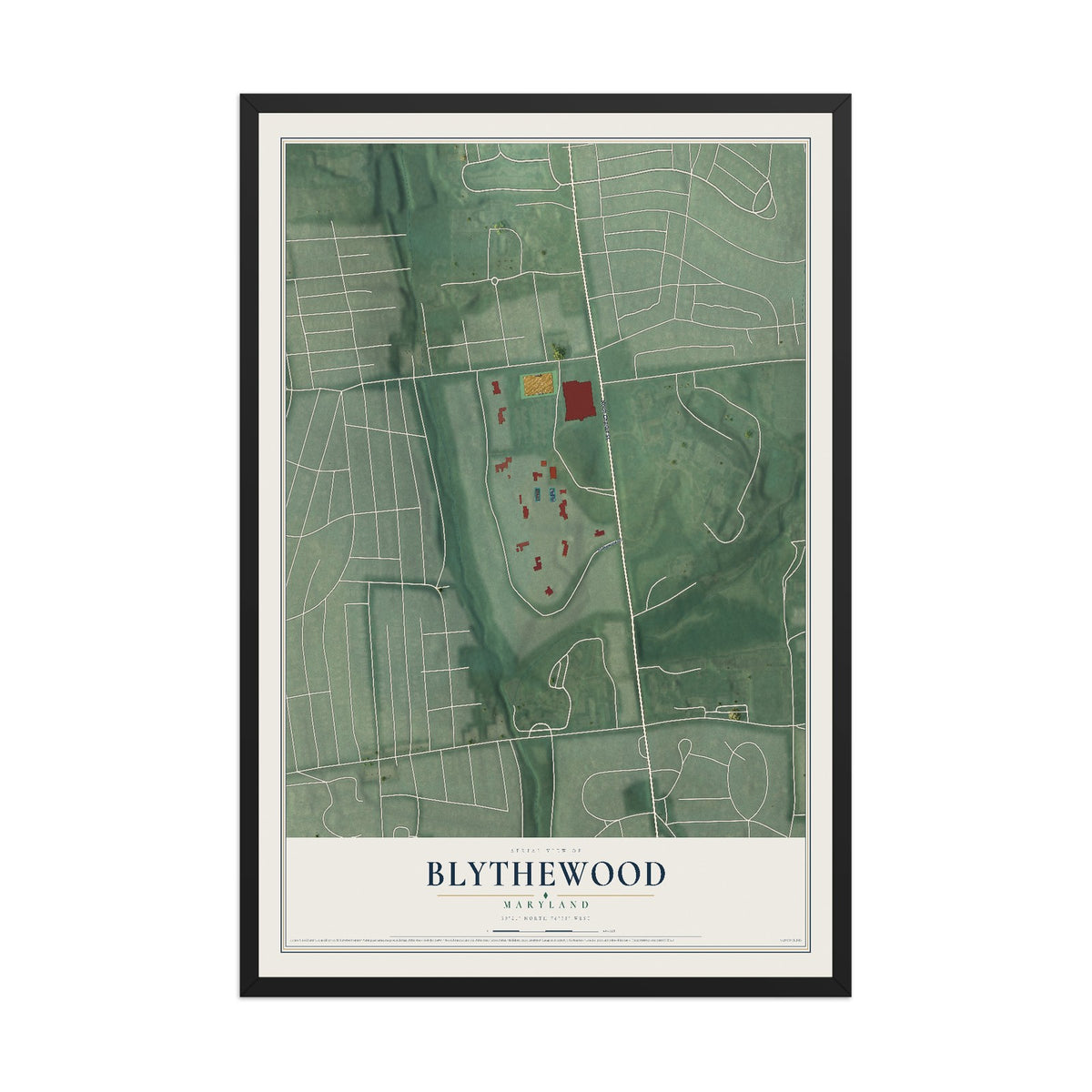 Map of Blythewood, Maryland, 12 x 18 inch print in a black wood frame