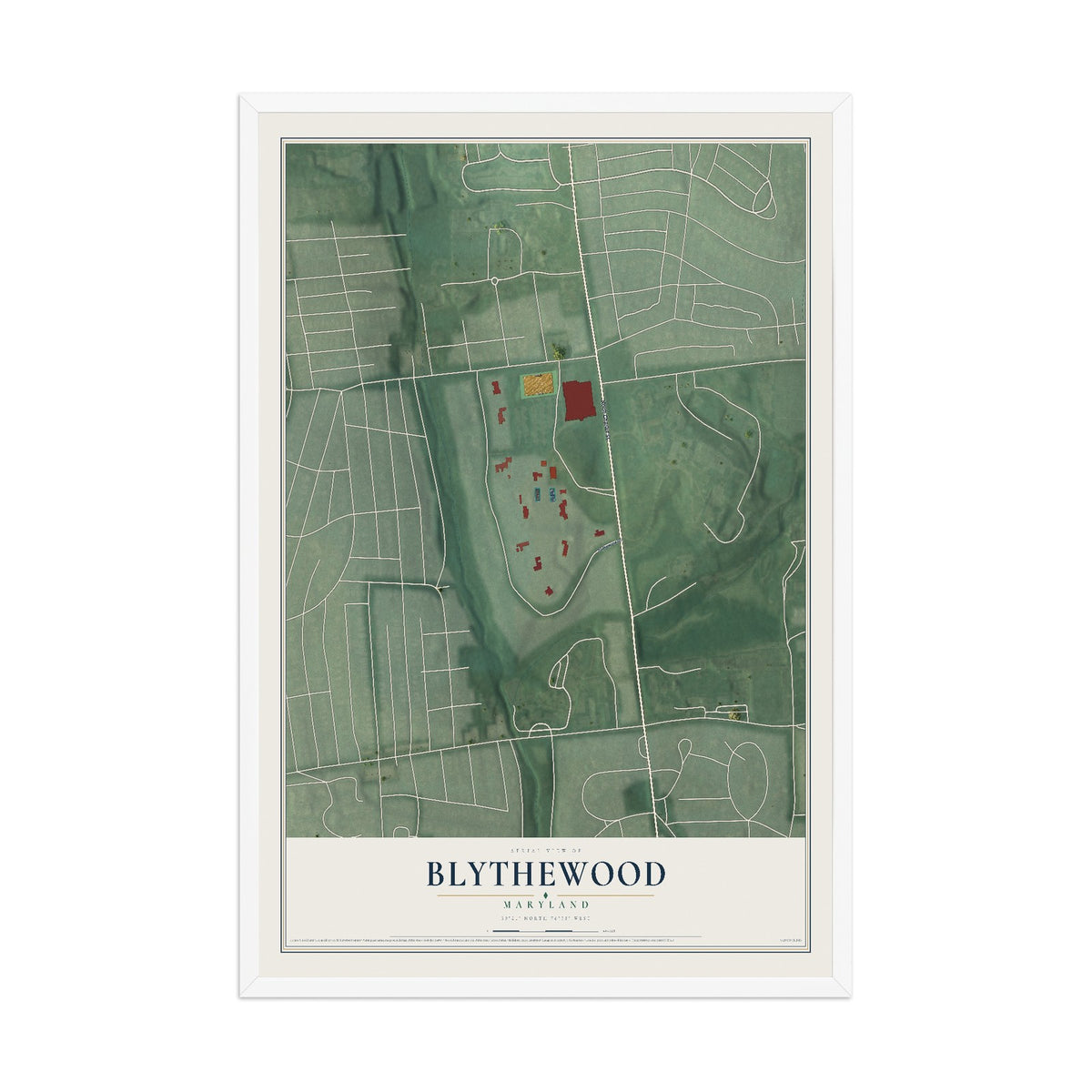 Map of Blythewood, Maryland, 12 x 18 inch print in a white wood frame