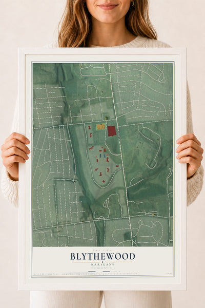 Map of Blythewood, Maryland, 18 x 24 inch print in a white wood frame