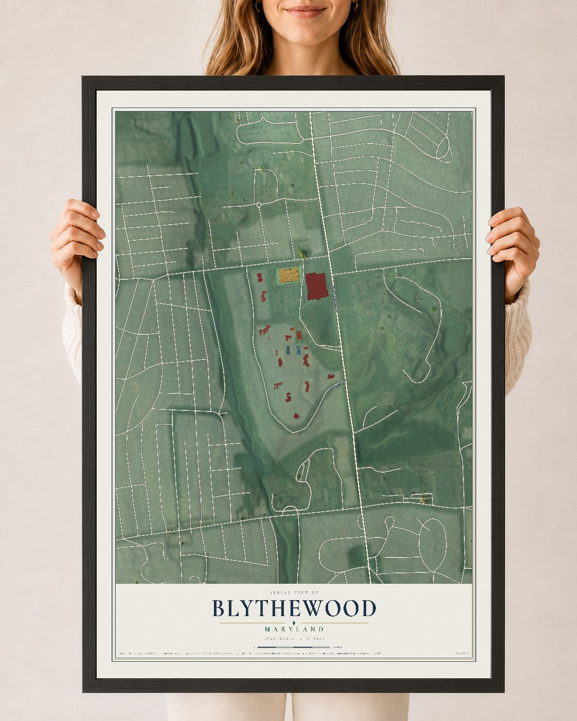 Map of Blythewood, Maryland, 24 x 36 inch print in a black wood frame