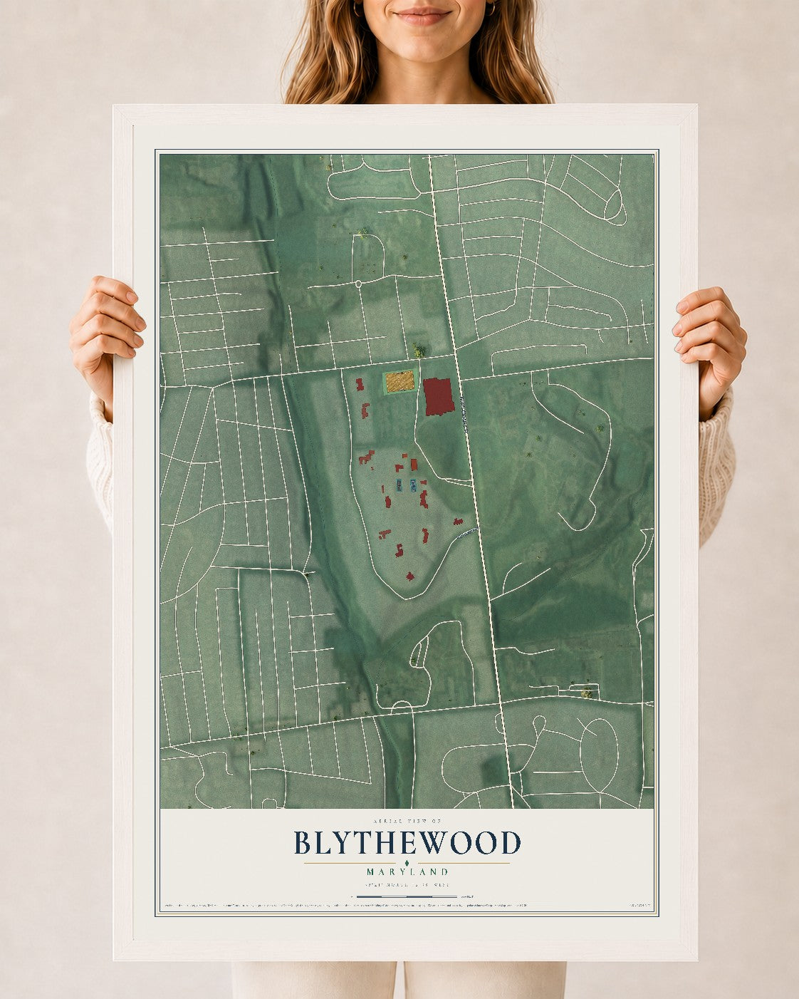 Map of Blythewood, Maryland, 24 x 36 inch print in a white wood frame