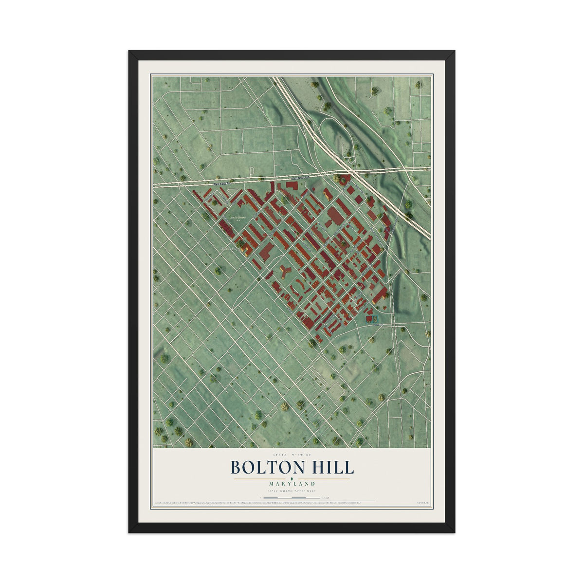 Map of Bolton Hill, Maryland, 12 x 18 inch print in a black wood frame