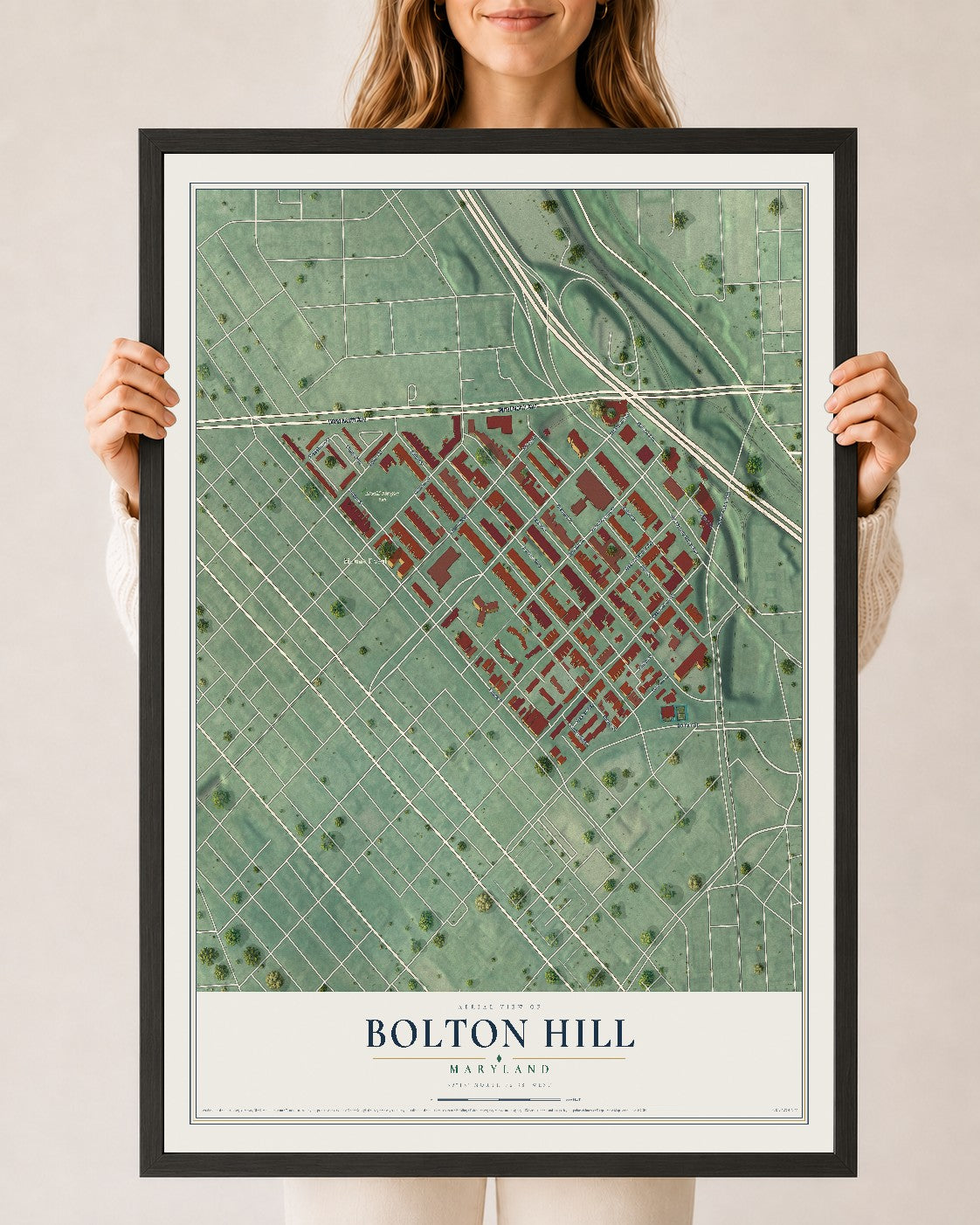 Map of Bolton Hill, Maryland, 24 x 36 inch print in a black wood frame