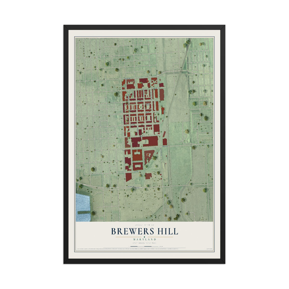 Map of Brewers Hill, Maryland, 12 x 18 inch print in a black wood frame