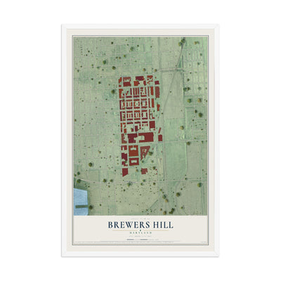 Map of Brewers Hill, Maryland, 12 x 18 inch print in a white wood frame