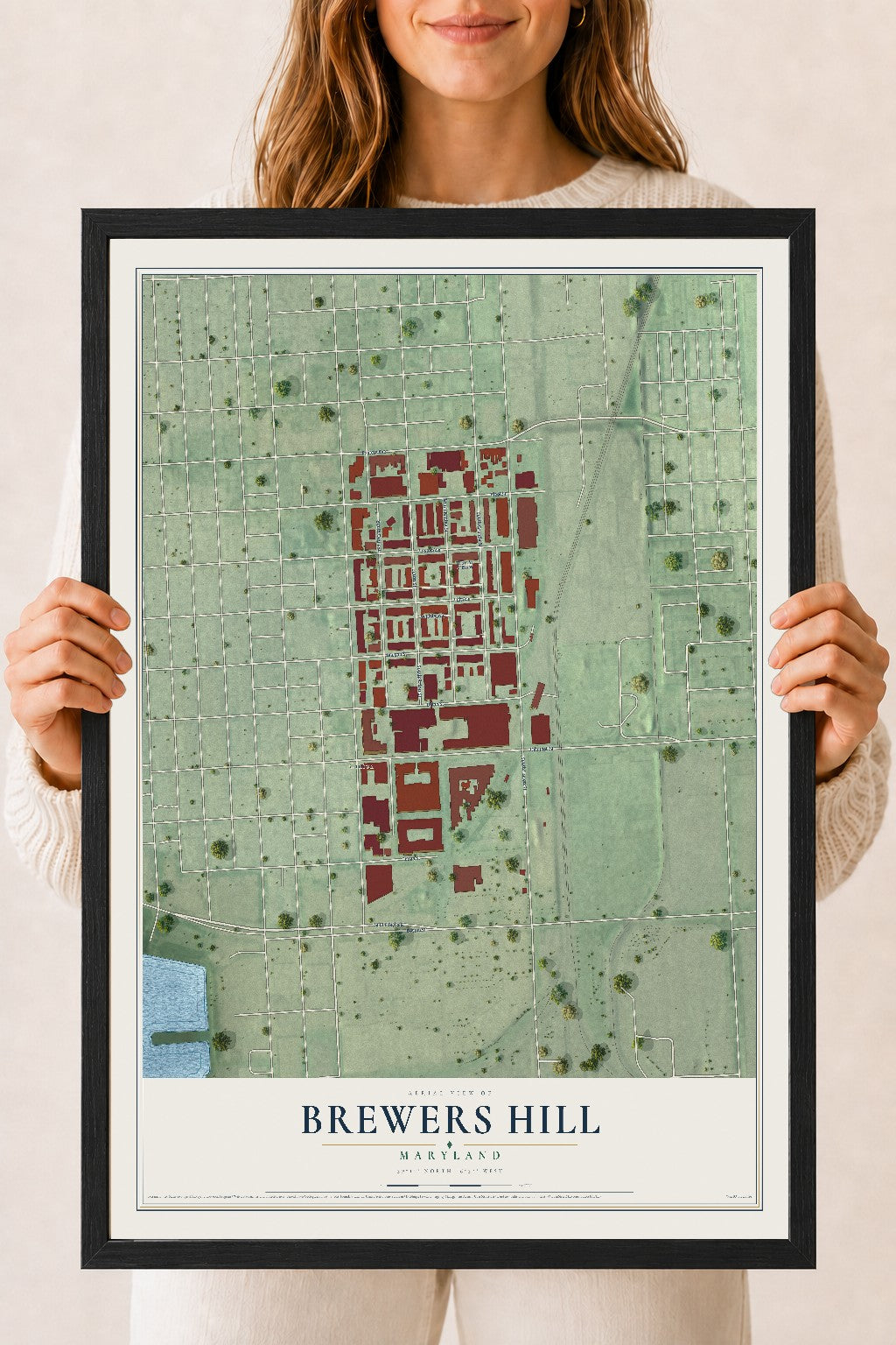 Map of Brewers Hill, Maryland, 18 x 24 inch print in a black wood frame