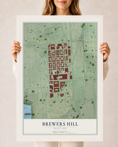 Map of Brewers Hill, Maryland, 24 x 36 inch print in a white wood frame