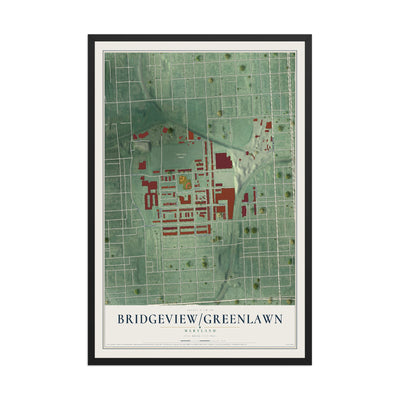 Map of Bridgeview-Greenlawn, Maryland, 12 x 18 inch print in a black wood frame