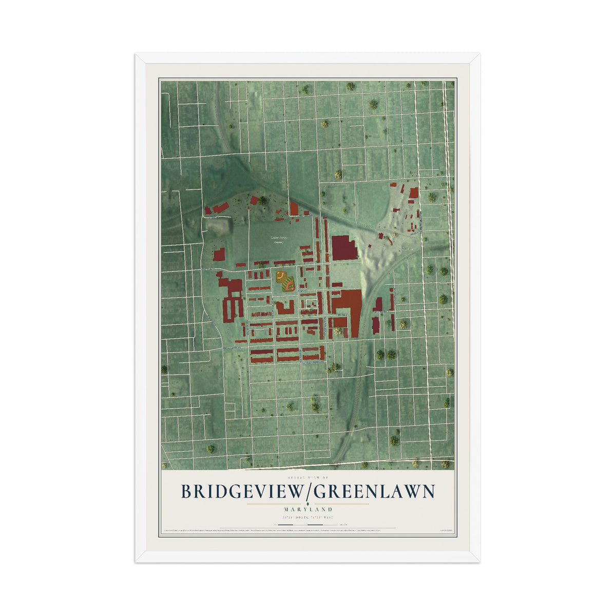 Map of Bridgeview-Greenlawn, Maryland, 12 x 18 inch print in a white wood frame