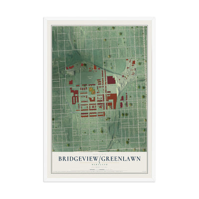 Map of Bridgeview-Greenlawn, Maryland, 12 x 18 inch print in a white wood frame