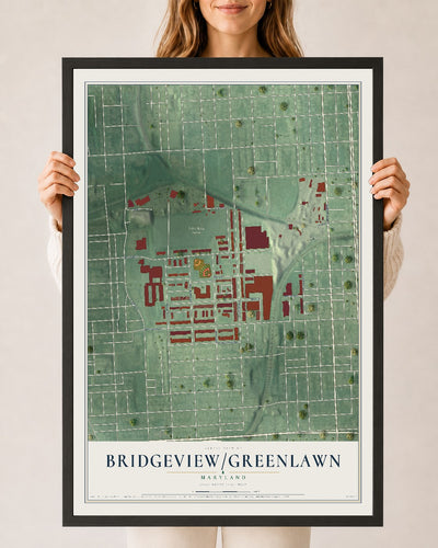 Map of Bridgeview-Greenlawn, Maryland, 24 x 36 inch print in a black wood frame