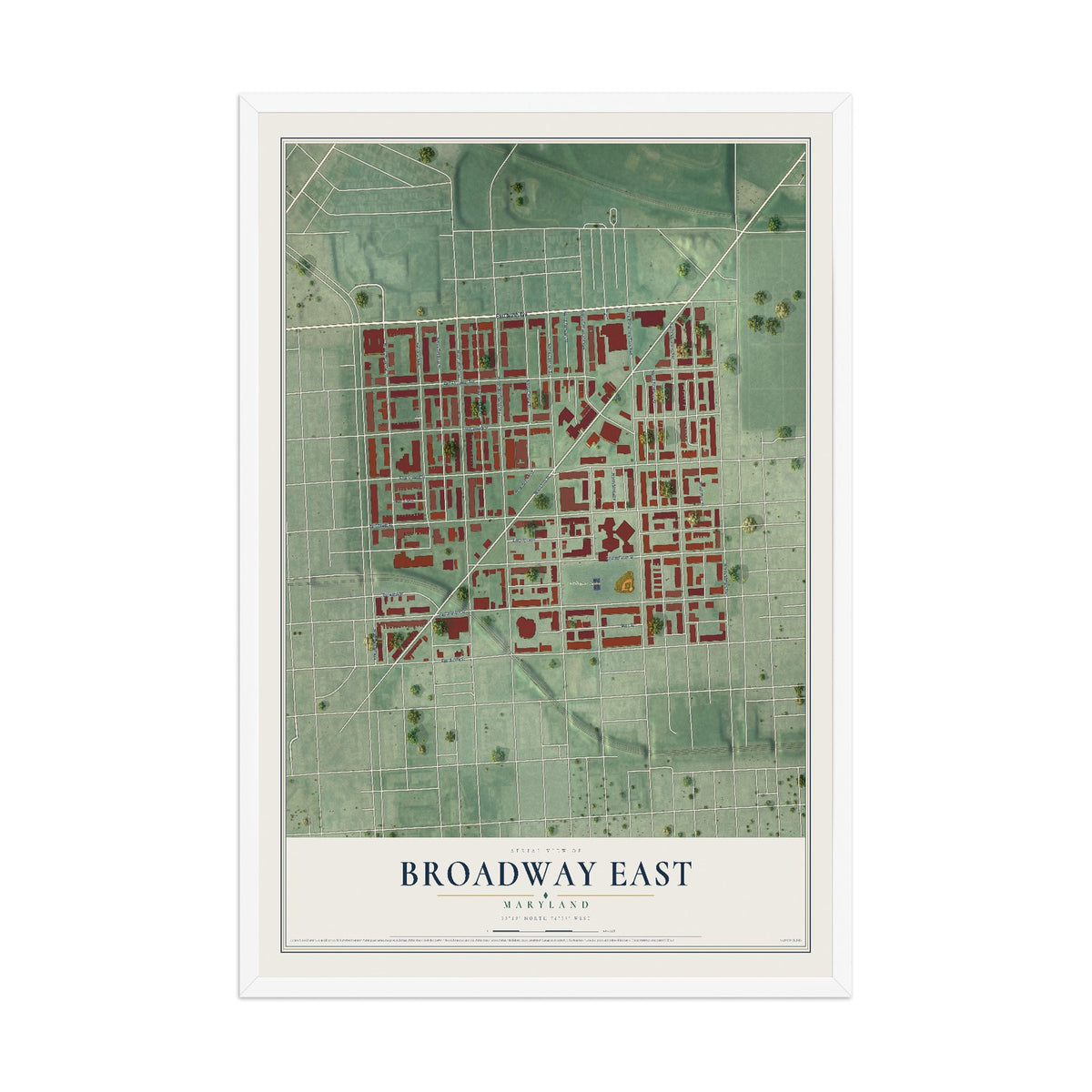 Map of Broadway East, Maryland, 12 x 18 inch print in a white wood frame