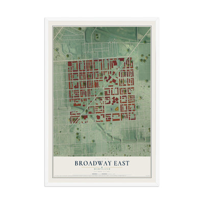 Map of Broadway East, Maryland, 12 x 18 inch print in a white wood frame