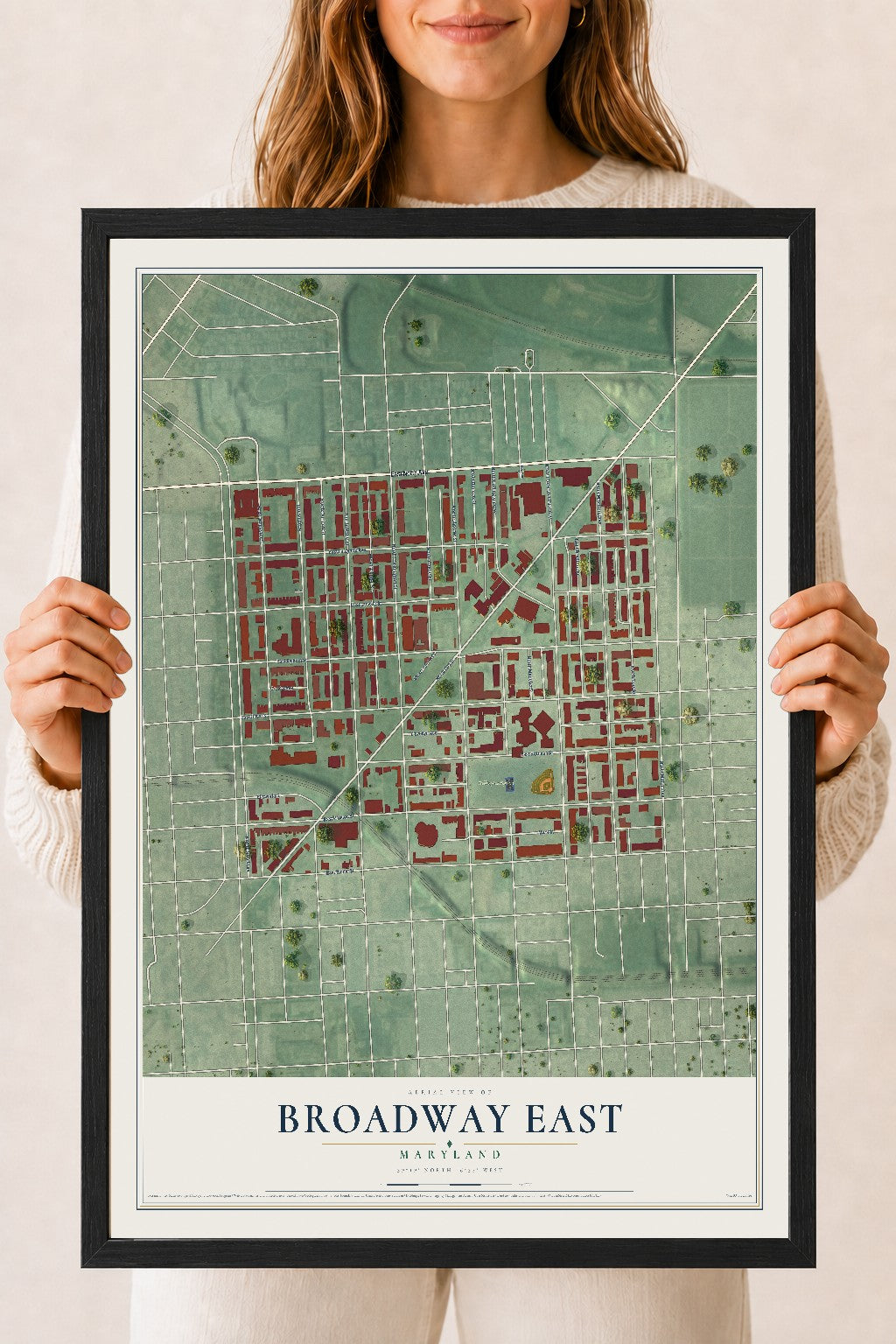 Map of Broadway East, Maryland, 18 x 24 inch print in a black wood frame