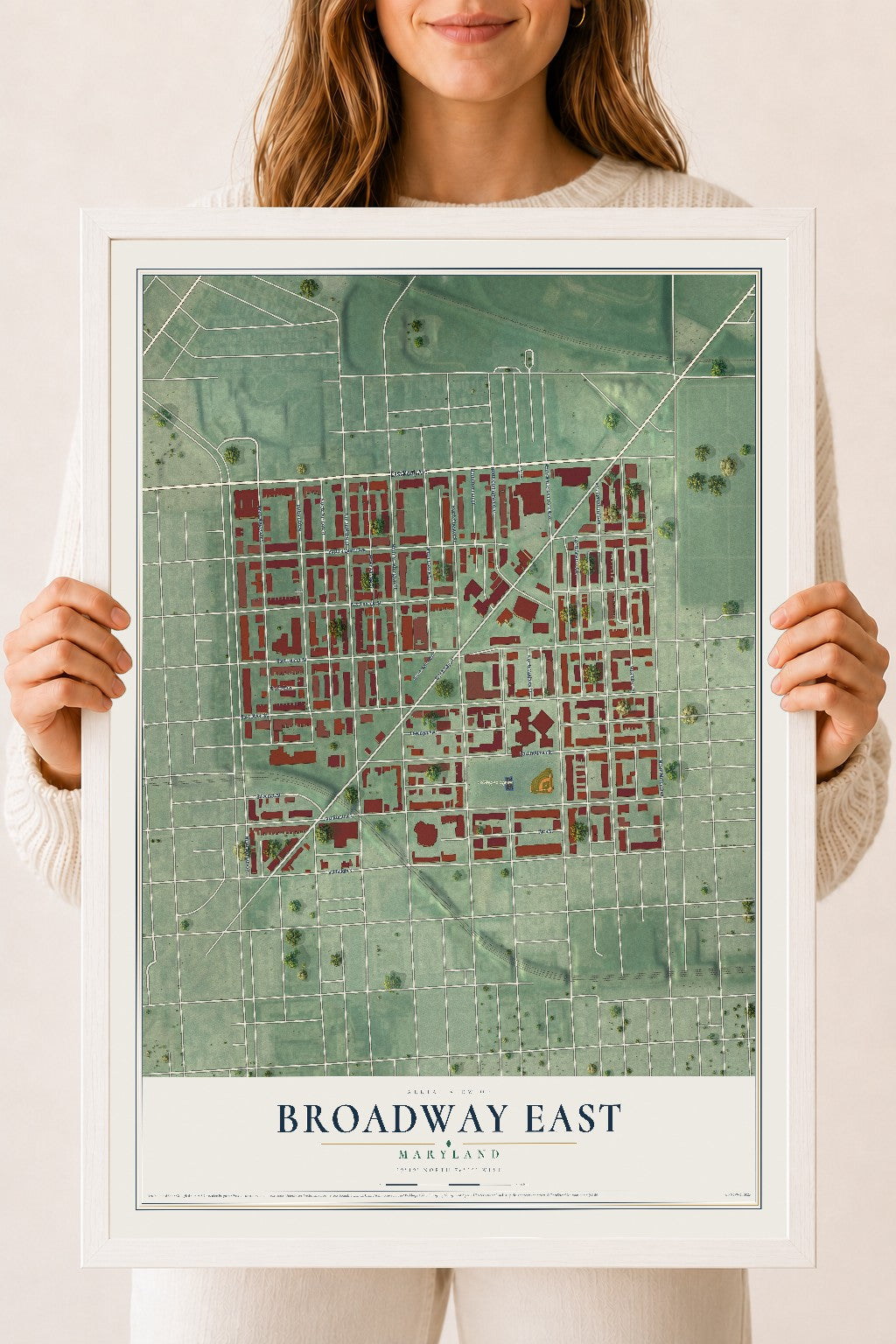 Map of Broadway East, Maryland, 18 x 24 inch print in a white wood frame