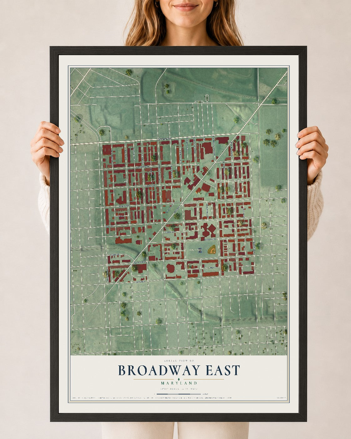 Map of Broadway East, Maryland, 24 x 36 inch print in a black wood frame