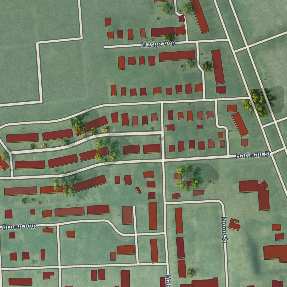 Second close-up of the map of Broening Manor, Maryland print showing more streets and buildings