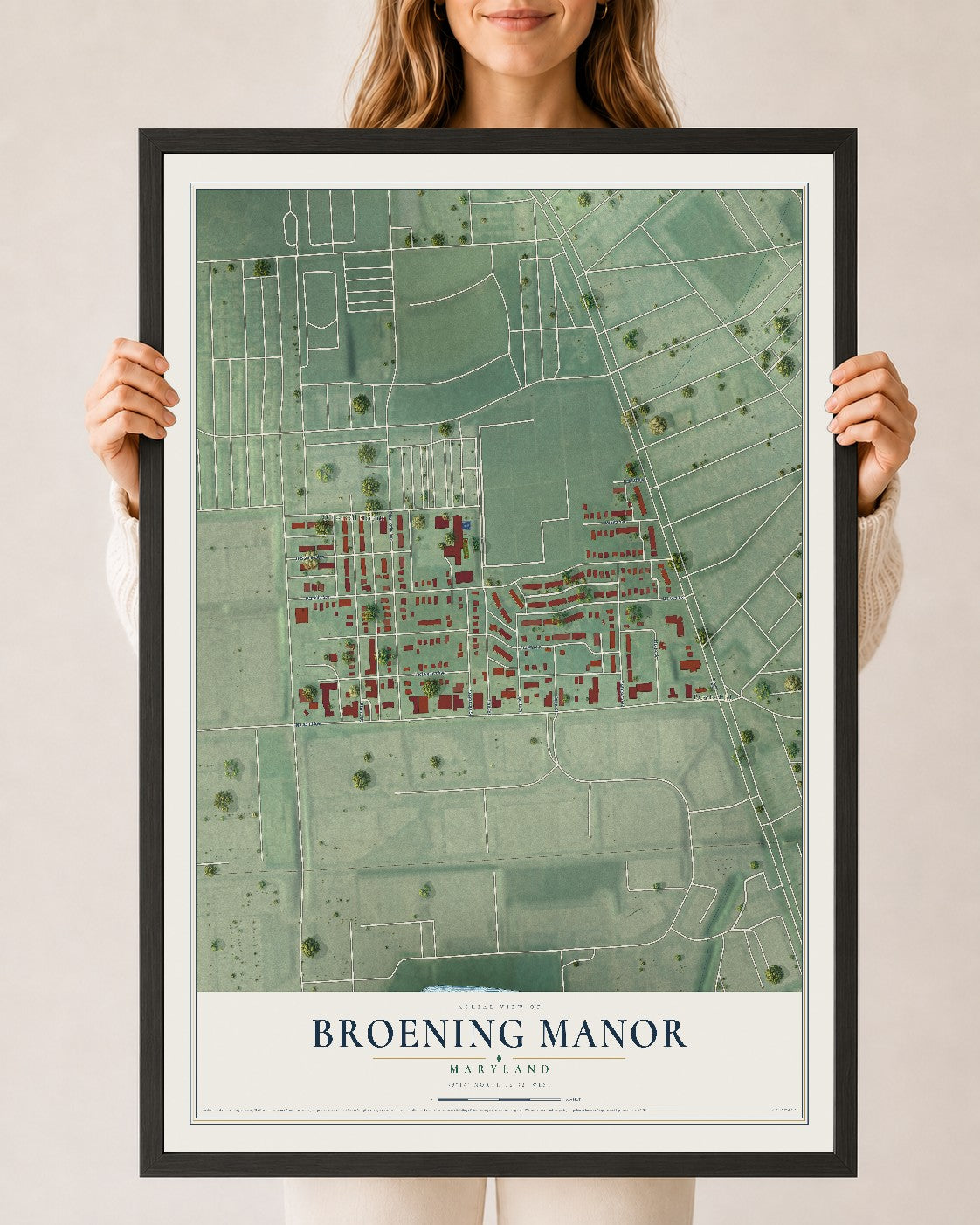 Map of Broening Manor, Maryland, 24 x 36 inch print in a black wood frame