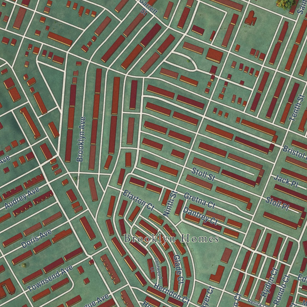 Close-up of the map of Brooklyn, Maryland print showing street and building detail