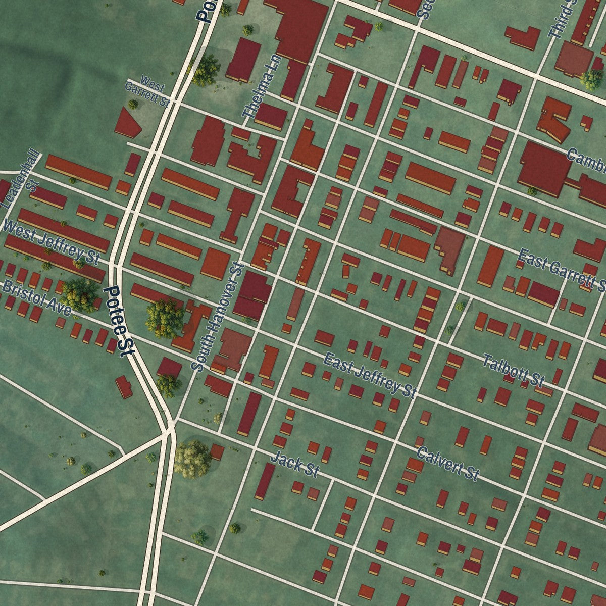 Second close-up of the map of Brooklyn, Maryland print showing more streets and buildings