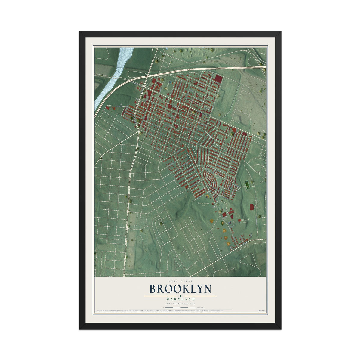 Map of Brooklyn, Maryland, 12 x 18 inch print in a black wood frame