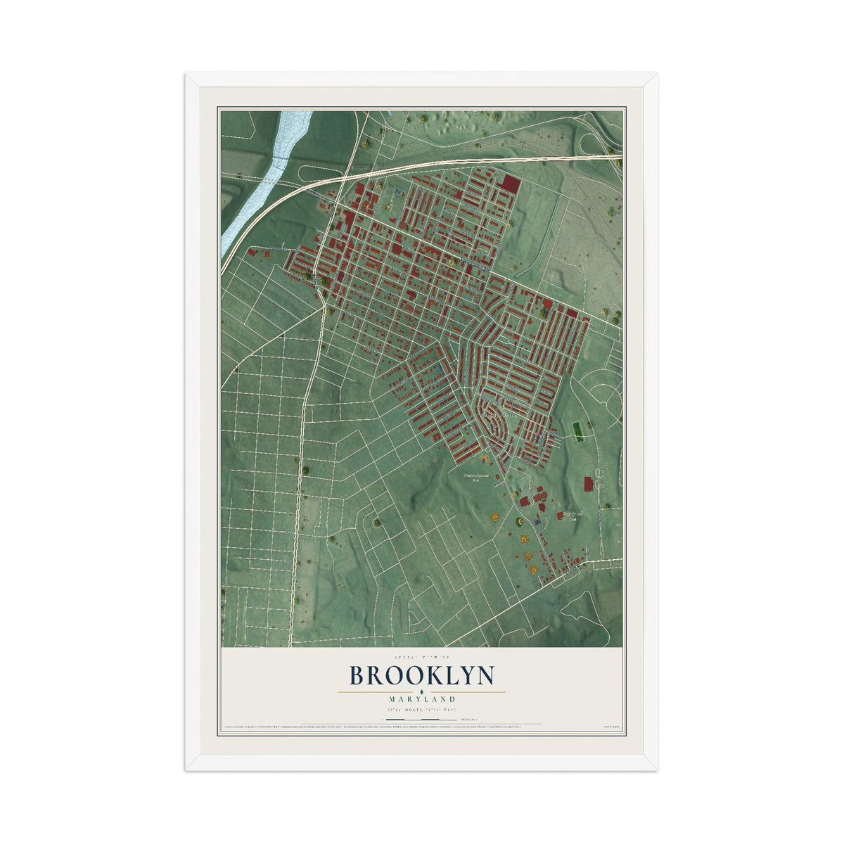 Map of Brooklyn, Maryland, 12 x 18 inch print in a white wood frame