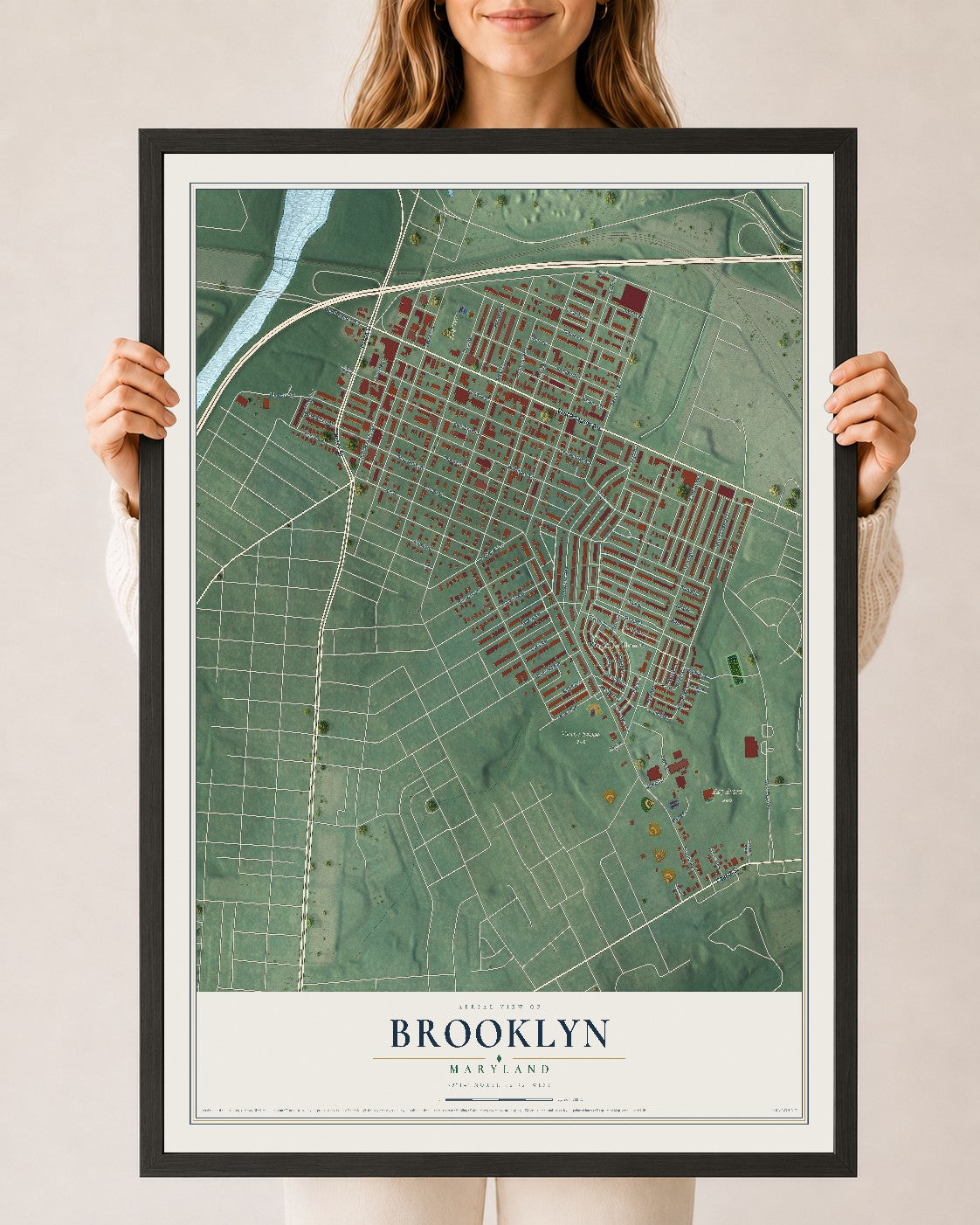 Map of Brooklyn, Maryland, 24 x 36 inch print in a black wood frame
