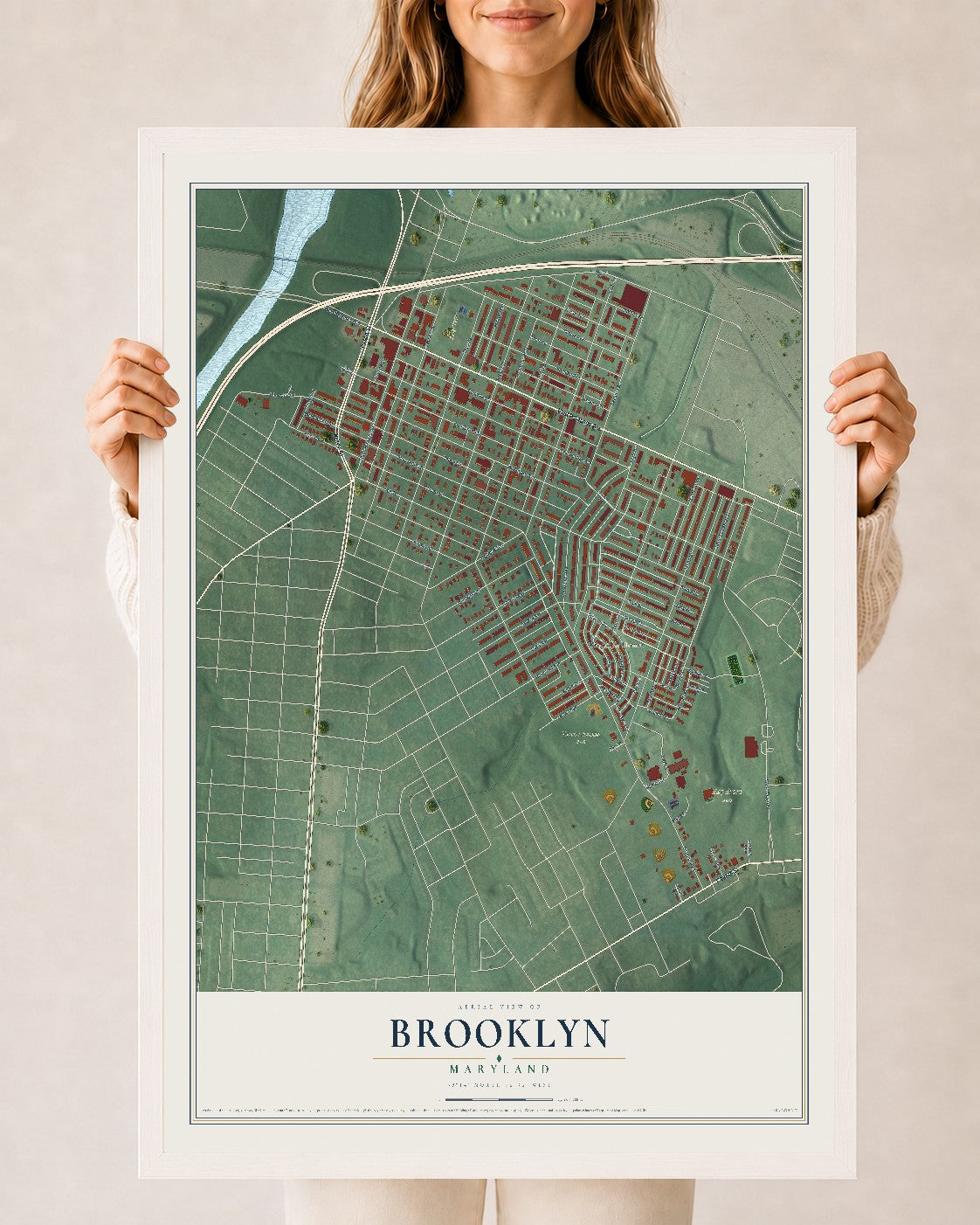 Map of Brooklyn, Maryland, 24 x 36 inch print in a white wood frame