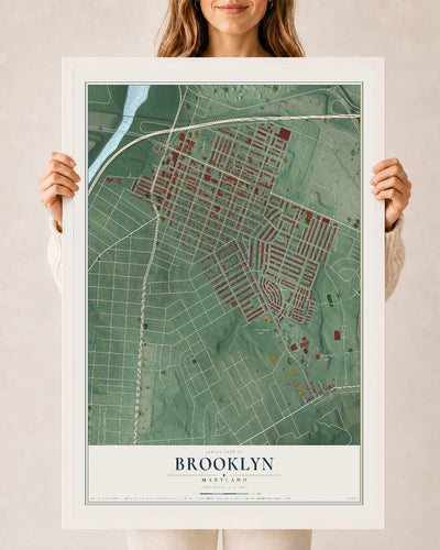 Map of Brooklyn, Maryland, 24 x 36 inch print in a white wood frame