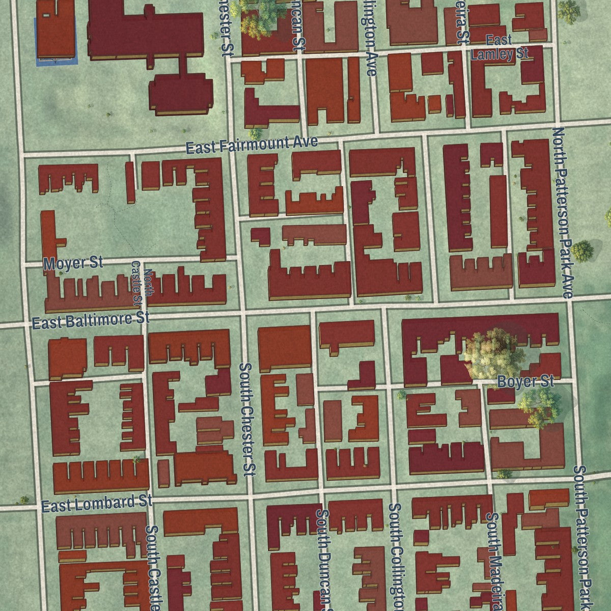 Close-up of the map of Butchers Hill, Maryland print showing street and building detail