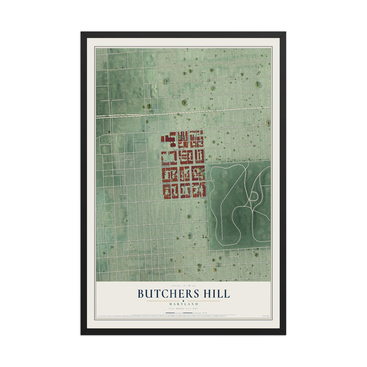 Map of Butchers Hill, Maryland, 12 x 18 inch print in a black wood frame