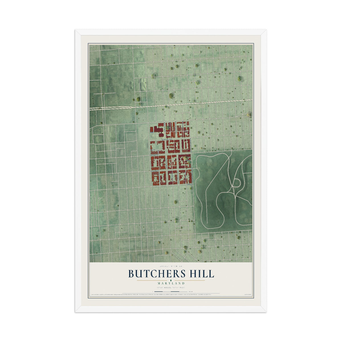 Map of Butchers Hill, Maryland, 12 x 18 inch print in a white wood frame