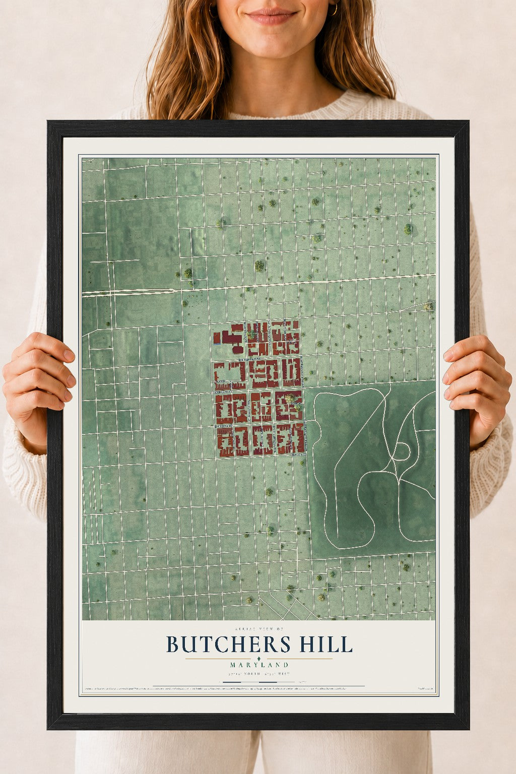 Map of Butchers Hill, Maryland, 18 x 24 inch print in a black wood frame