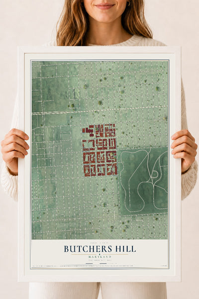Map of Butchers Hill, Maryland, 18 x 24 inch print in a white wood frame