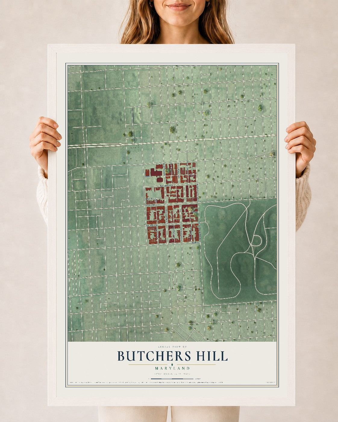 Map of Butchers Hill, Maryland, 24 x 36 inch print in a white wood frame