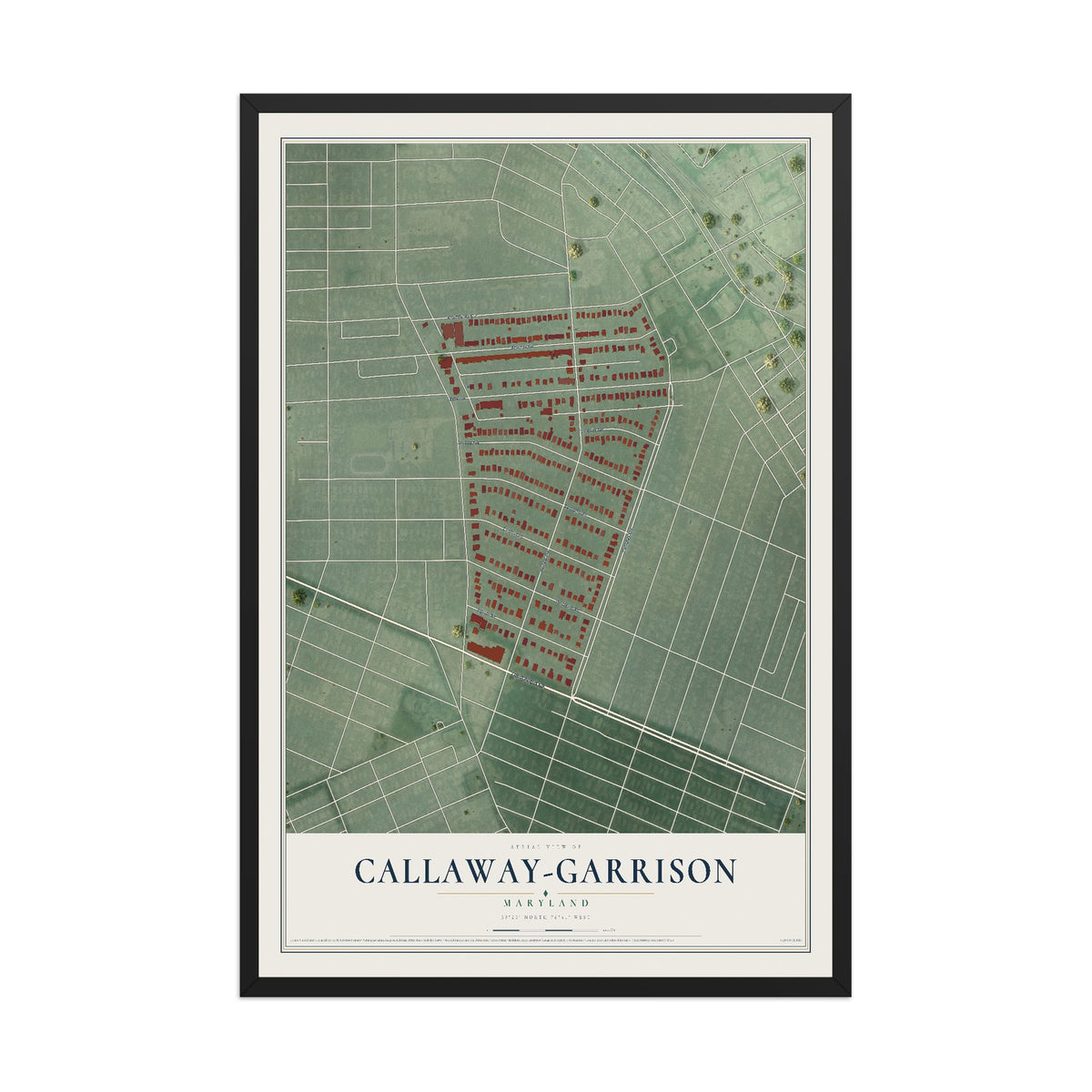 Map of Callaway-Garrison, Maryland, 12 x 18 inch print in a black wood frame