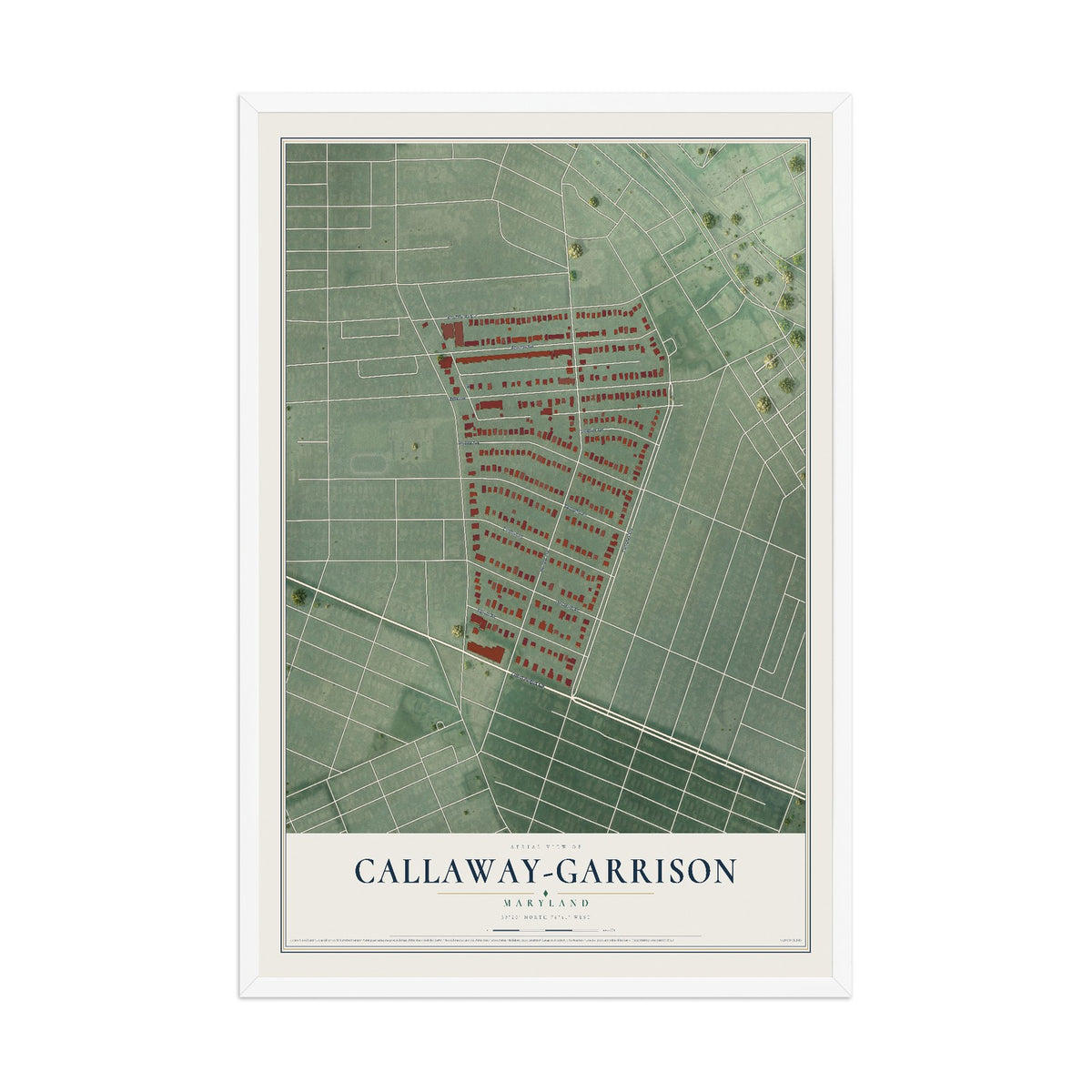 Map of Callaway-Garrison, Maryland, 12 x 18 inch print in a white wood frame
