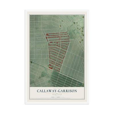 Map of Callaway-Garrison, Maryland, 12 x 18 inch print in a white wood frame