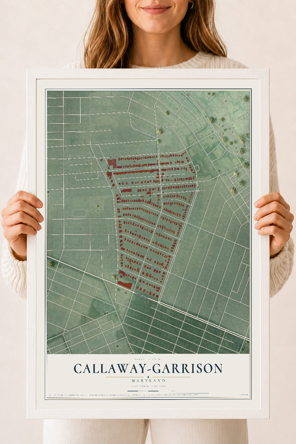 Map of Callaway-Garrison, Maryland, 18 x 24 inch print in a white wood frame