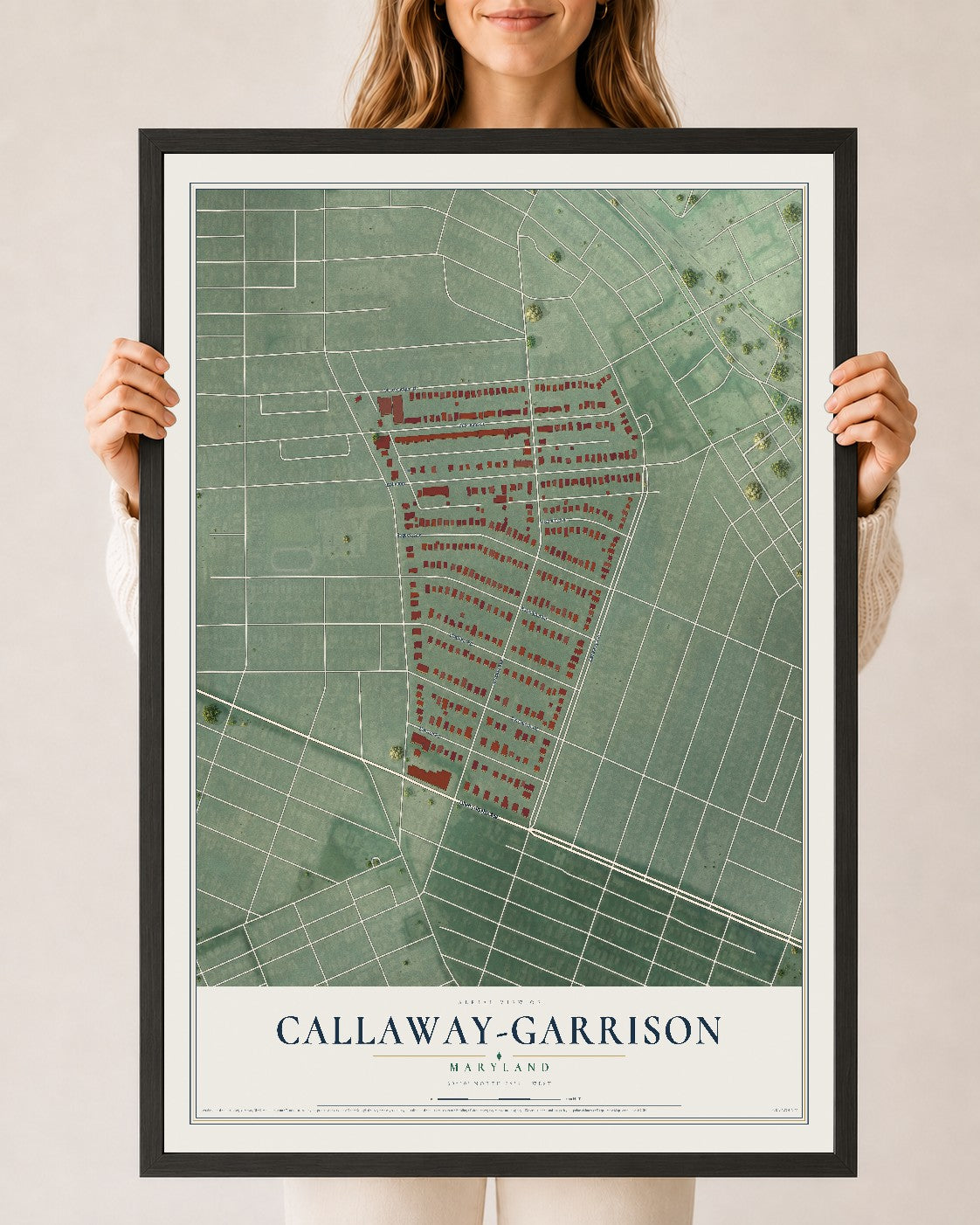 Map of Callaway-Garrison, Maryland, 24 x 36 inch print in a black wood frame